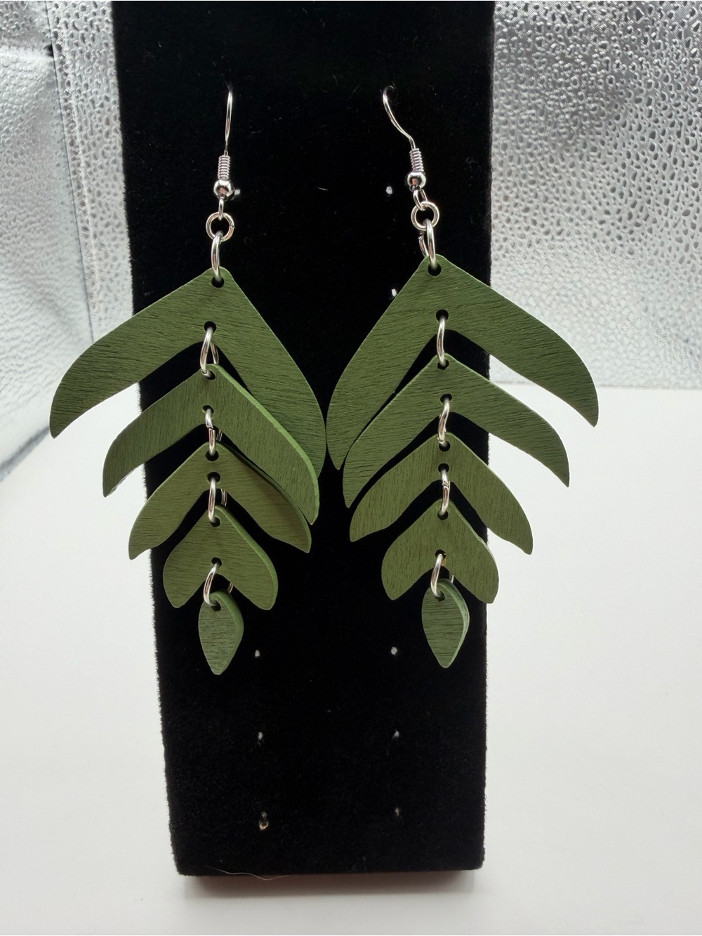 Handcrafted Olive Green Layered Leaf Drop Earrings - Women Jewelry